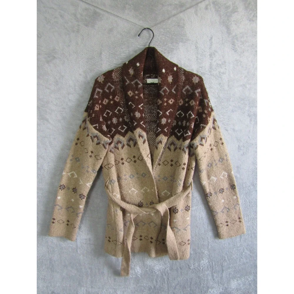 Lucky Brand Womens M Brown Tan Fair Isle Shawl Collar Belted Cardigan Sweater - Picture 1 of 9
